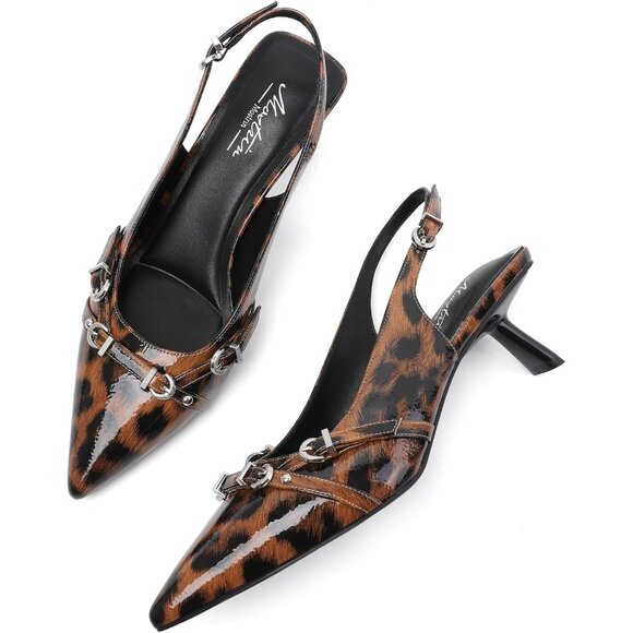 Women's Leopard Pointed Toe Pumps Patent Leather Slingback Heels With Buckle - Picture 7 of 9